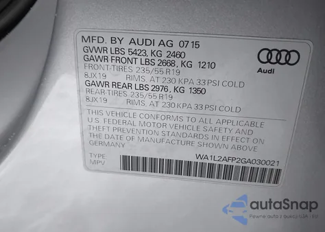 2016 Audi Q5 2.0T Premium z USA, uszkodzony, nr VIN WA1L2AFP2GA030021